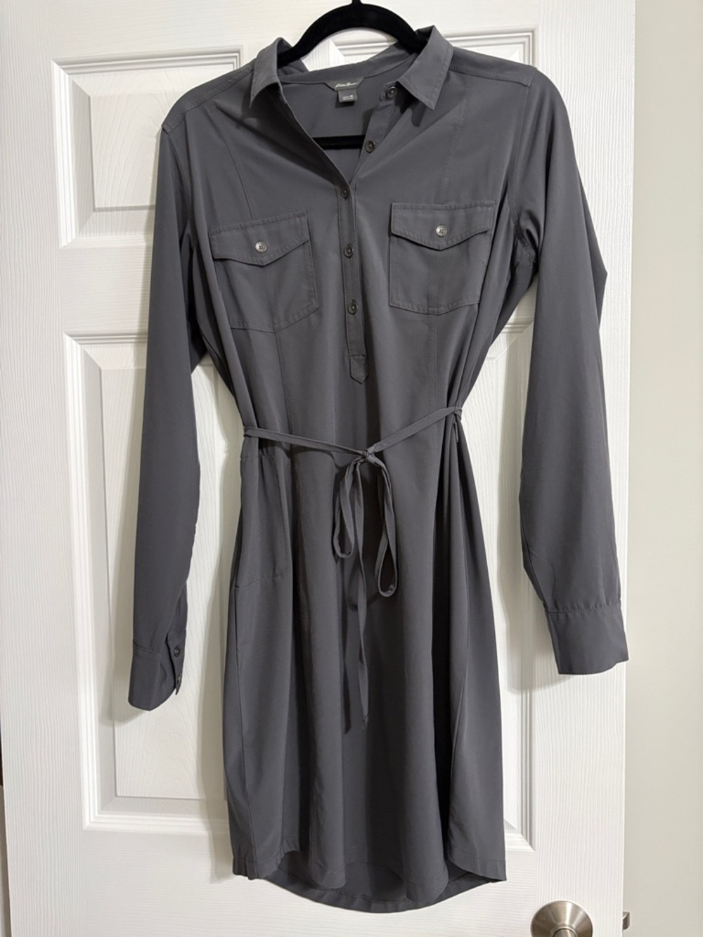 Eddie Bauer Gray Long Sleeve Shirt Dress with Waist Tie